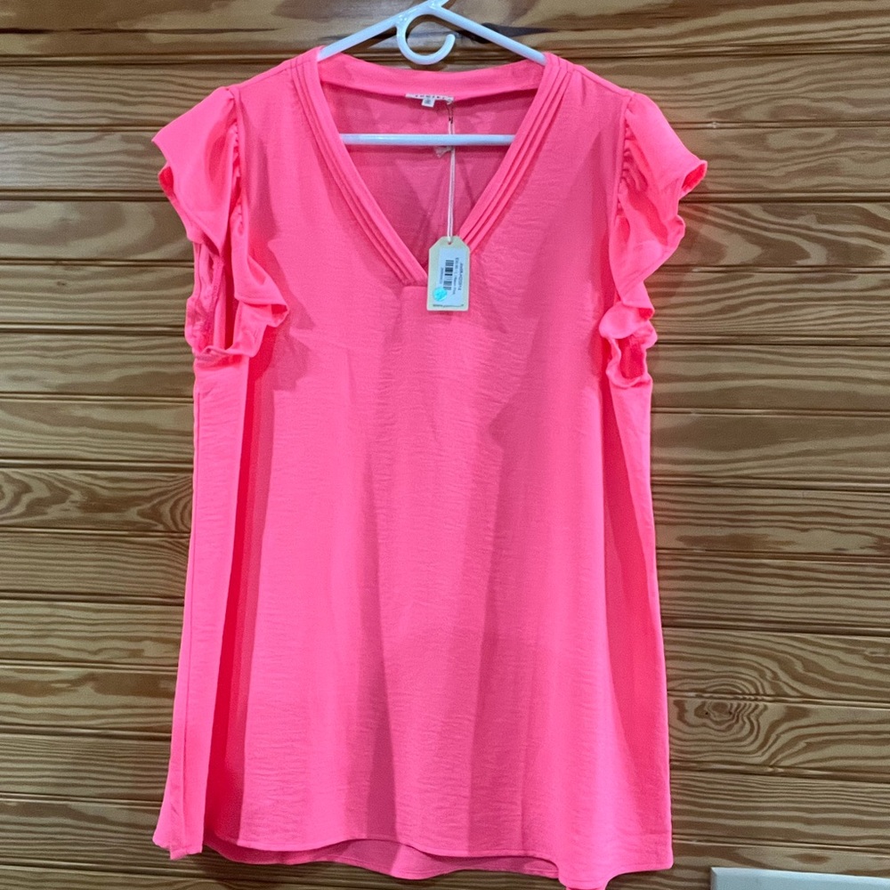 Pink Ruffle Sleeve V-Neck Top